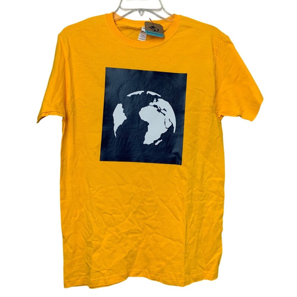 New Upcycled Hand Printed Womens Small Gold Blue Save Planet Earth Tee Shirt